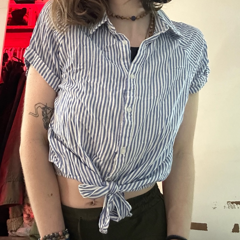 bleuh ciel seersucker front tie button down blouse